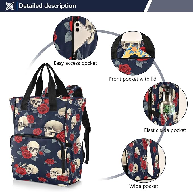 Skull Red Roses Diaper Bag Stroller Straps Unisex Mom Dad