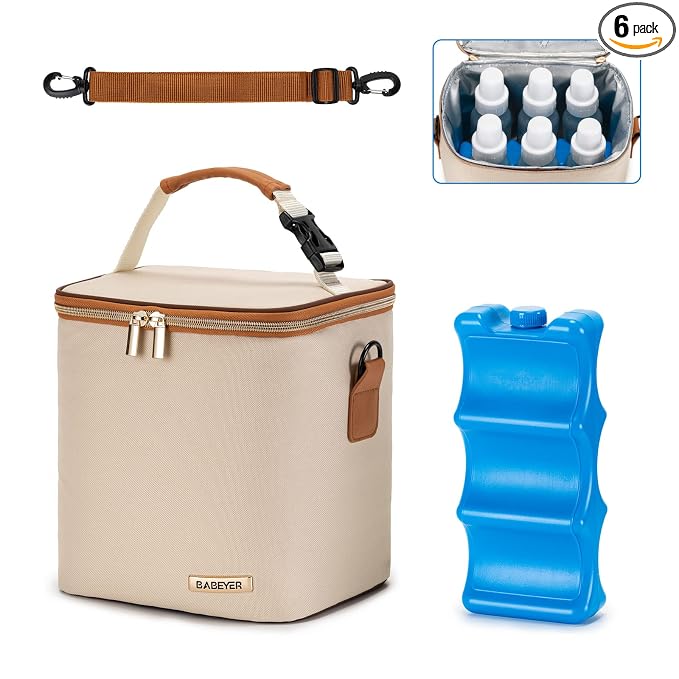Breastmilk Cooler Bag with Ice Pack Fits 6 Baby Bottles Up to 9 Ounce, Baby Bottle Bag with Shoulder Strap for Nursing Mom Daycare, Cream