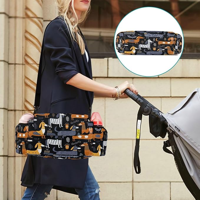Dachshund Dogs Baby Stroller Organizer with 2 Cup Holders Universal Adjustable Shoulder Strap Detachable Stroller Caddy Accessories Bag for Bottle,Diaper,Phone, Keys,Toys