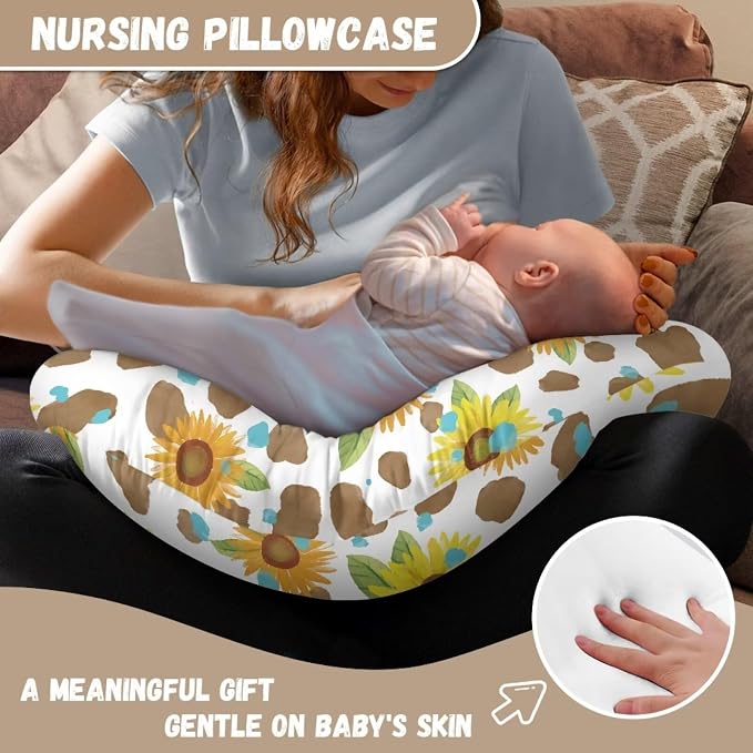 Brown Cow Sunflower Nursing Pillow Support Cover Washable Skin-Friendly Fabric Baby Nursing Pillow Support Cover for Feeding Pillows, Home Nursery Room Easter Decor