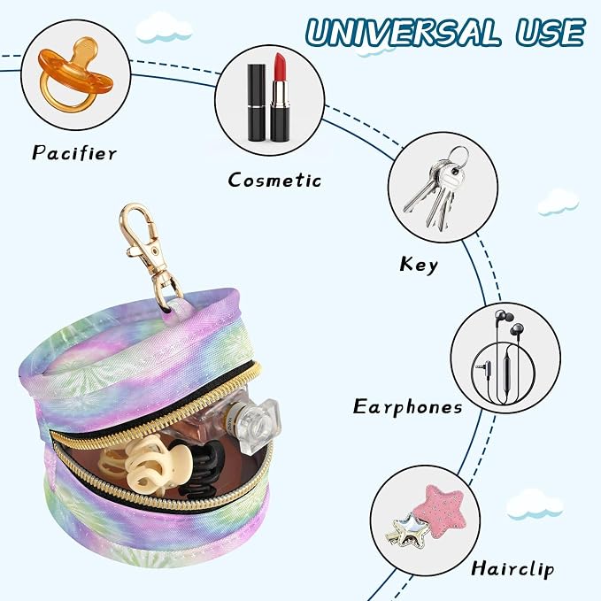 Pacifier Holder with Clip Pacifier Case for Diaper Bag Round Baby Pacifier Pouch Box Bag Portable Light Pink Tie Dye