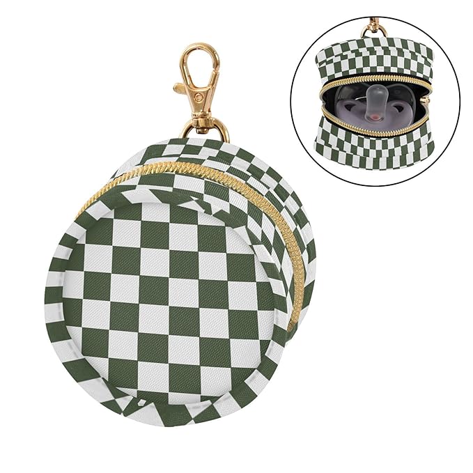 Checkered Plaid Olive Green Pattern Pacifier Holder Case with Metal Clip Portable Pacifier Case for Newborn Baby Boys Girls