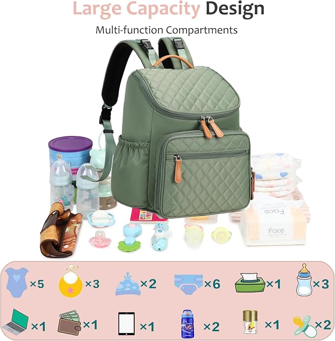 LORADI Lightweight Diaper Bag Backpack with Stroller Clips, Insulated Pockets, Baby Shower Essentials, Green