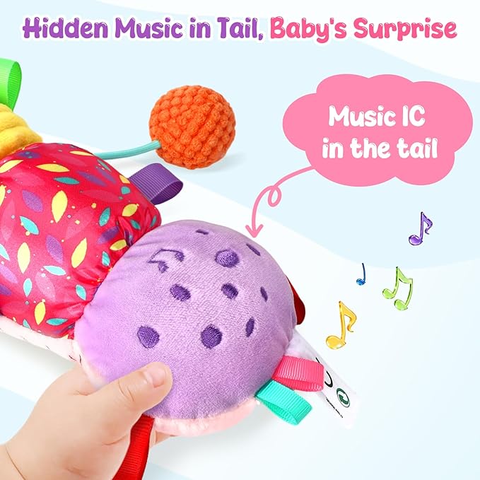 Baby Sensory Toys for 0-6 6-12 Months, Musical Stuffed Caterpillar Animal Toys for Infant 3 6 9 12 18 Months, Tummy Time Toys with Mirror Rattle Crinkle for Newborn Boys Girls Shower Gifts