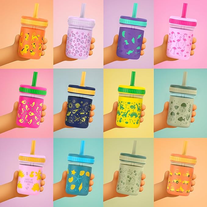 Sursip Toddler Glass Cups with Straw, Spill-Proof Kids Mason Jar Food Storage with Lids, Sippy Cups for Drinks, Smoothies, Snacks, Milk Cup [4 Pack] 8 oz 2-in-1