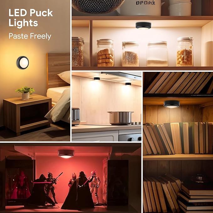 Yiliaw 12 Pack LED Puck Lights Remote Control 16 Color Changeable Under Cabinet Lights, Battery Operated Lights Night Light with Dimmer & Timmer for Closet Bedroom Kitchen, Black