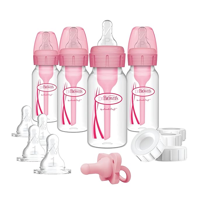Dr. Brown's Anti-Colic Baby Feeding Set with Slow Flow Nipples, Travel Caps, Silicone Pacifier - Pink & Folding Baby Bottle Drying Rack for Easy Storage, Dry Nipples, Pacifiers and Other Baby