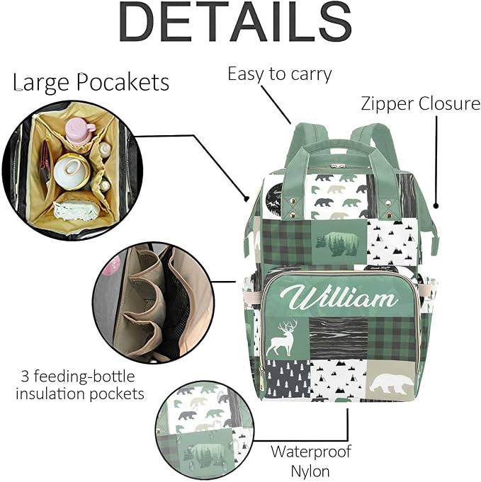 Custom Woodland Deer Bear Baby Diaper Bag with Name – Personalized Nursing Travel Tote Backpack for Mom or Dad, Custom Name Baby Daypack Gift