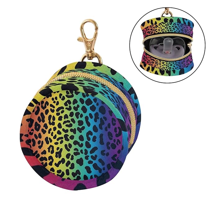 Pacifier Holder with Clip Pacifier Case for Diaper Bag Round Baby Pacifier Pouch Box Bag Portable Rainbow Leopard Print