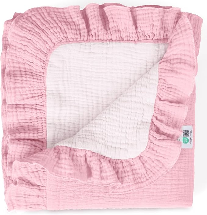 lulumoon Muslin Baby Blanket for Girls: Soft Breathable Cotton Crib Blanket with Ruffle - Lightweight Receiving for Wrap Newborn & Nursery Stroller 40"x36"(Light Pink)