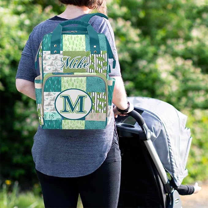 M YESCUSTOM Personalized Diaper Bag Backpack with Name Custom Mommy Nursing Green Plaid Daypack Casual Travel Daypack with Text Waterproof Nappy Bags New Born Gift for Mom Dad Adult