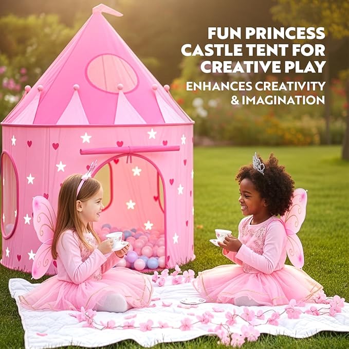 Playz Princess Castle Pop Up Tent & Dress Up Set ??Kids Pink Playhouse Tent for Girls with Glow in The Dark Stars, Foldable Indoor Outdoor Toddler or Baby Girl Tent with Carrying Case