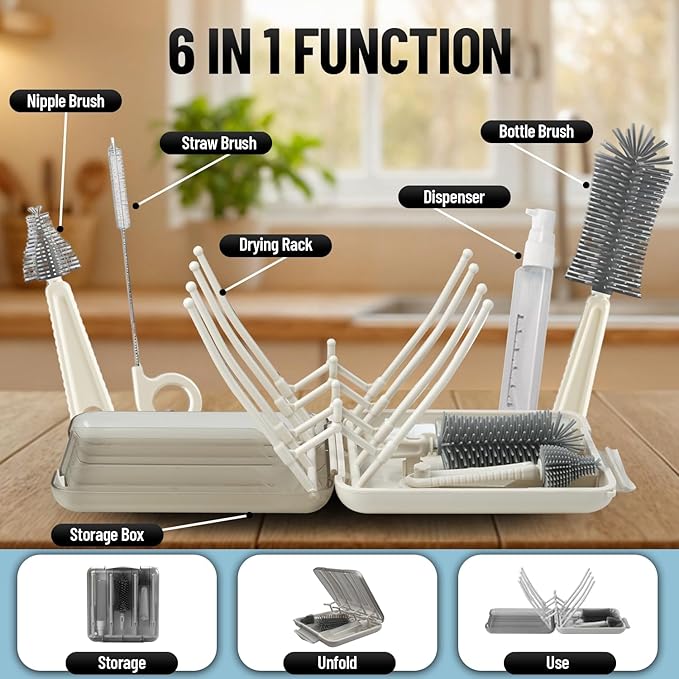 6 in 1 Baby Bottle Brush Cleaner with Silicone Brushes - Premium food-grade silicone, Dishwasher Safe & Heat Safe - Travel Friendly Portable Baby Bottle cleaner Kit - White