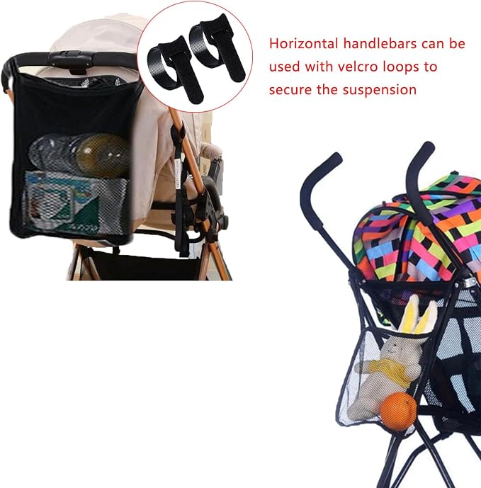 3 Pack Stroller Sling Mesh Bag Back Hanging Extra Storage Organizer Handle Bar Attachment Net Pouch for Kids Wagon Pushchair Pram Car Seat Umbrella Water Bottle Diaper Bag Phone Snacks