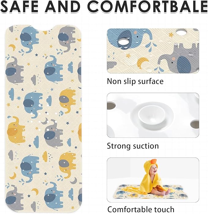 Elephant Cute Blue Bathtub Shower Mat Star Cloud Non-Slip Tub Extra Long Bath Floor 40X16 Inch Machine Washable for Bathroom Tub Bath Mat for Toddler and Baby