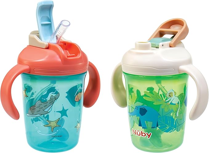 Nuby 2-in-1 Toddler Cup with 360° Weighted Straw & Hard Spout - (2 Pack) 8 oz - Leak-Resistant & Easy Grip Handles - Dishwasher Safe - Jungle/Ocean