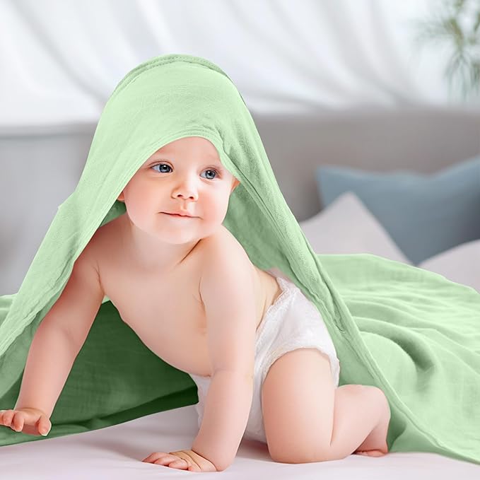 Preboun 6 Pcs Muslin Hooded Baby Towels and Washcloths 32"x 32" Cotton Newborn Bath Towel Anti-Shrink Infant Baby Blankets with Hood 12"x 12" Washcloths for Girl Boy Toddler(Ivory,Green)