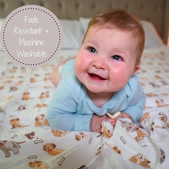 LollyBanks 100% Cotton Baby Blankets 2 Pack, Gentle and Soft Muslin Swaddle Blanket for Girls, Lightweight 47 x 47 Inches Newborn Receiving Blanket, Newborn Essentials Must Haves (Puppies and Tan)
