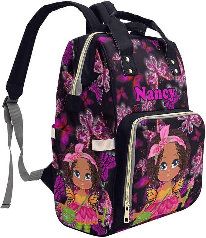 M YESCUSTOM Customized Butterfly Travel Nursing Nappy Bag with Name Personalized Diaper Bag with Name Custom Newborn Gift for Women (Black)
