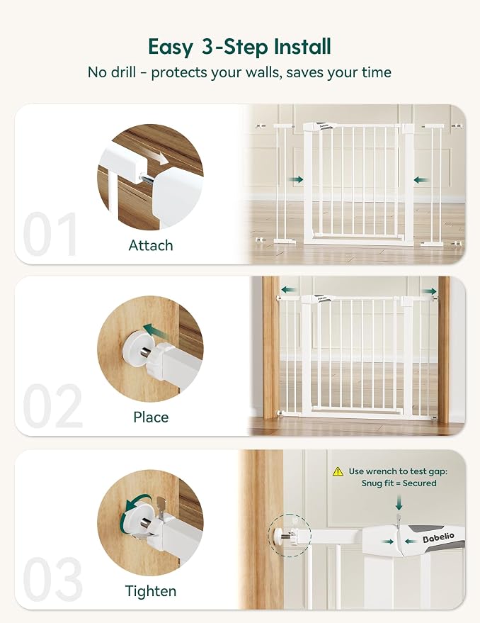 Babelio Metal Baby Gate, 29-48" Auto Close Easy Install Pet Gate, Extra Wide Walk Thru Child Safety Gate, Pressure Mounted Dog Gate for Doorways & Stairs, with Y Spindle Rods, White