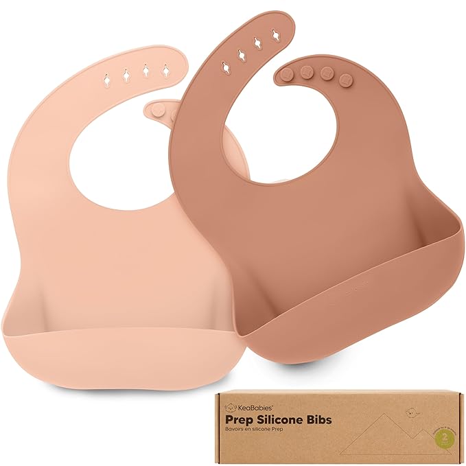 KeaBabies 2-Pack Silicone Bibs for Babies, Toddlers Girl, Boy ??Sturdy Food-Grade Baby Bibs for Eating, Large Food Catcher, Clean & Put On Easily, Waterproof Toddler Feeding Essentials (Dusk)