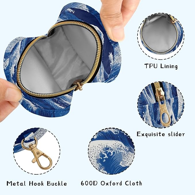 Pacifier Holder with Clip Pacifier Case for Diaper Bag Round Baby Pacifier Pouch Box Bag Portable Japanese Deep Blue Sea Waves