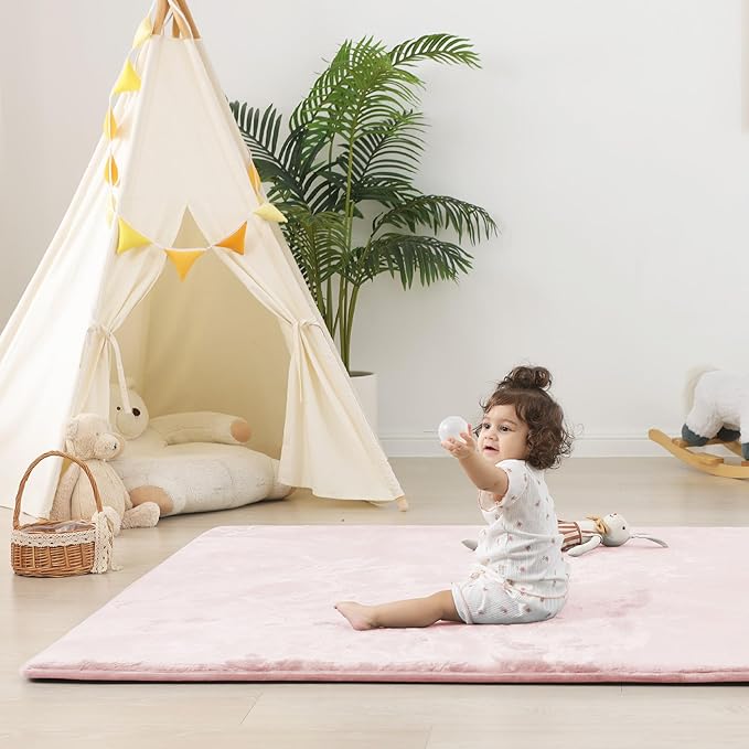 1.5" Super Thick Baby Play Mat for Floor, 79x118 Pro Soft Flannel Foam Mats for Toddler Infant Kids Crawling for Nursery Rug Playroom Living Room Waterproof Easy Care Non-Slip (Baby Pink)