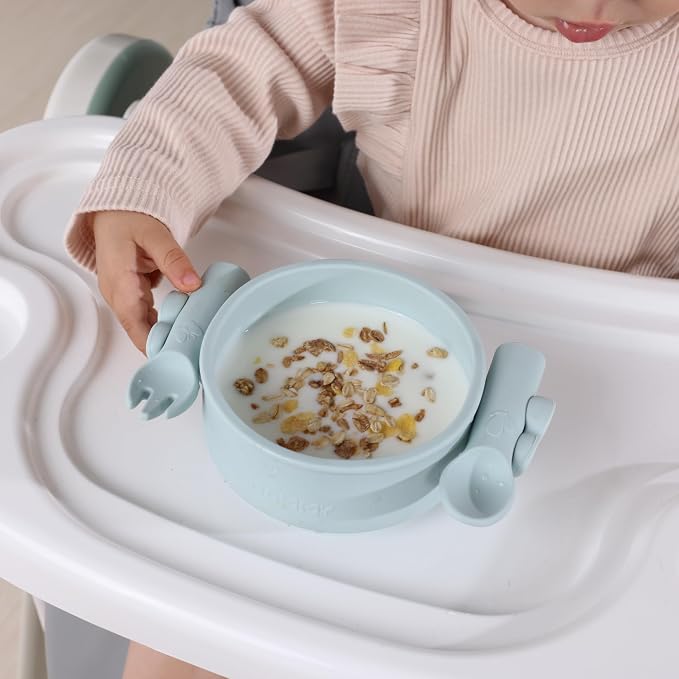 Dommy Silicone Strong Suction Baby Bowl with Spoon & Fork, Silicone Tableware for 6M+ Babies, Suction Bowl with Lid, Ideal Baby Gift Set for Solid Food Adding,Chalk Blue