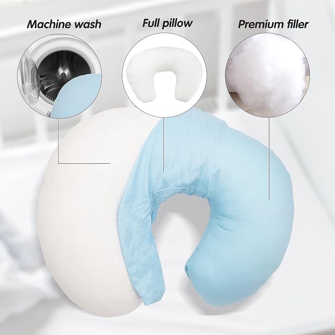 LAT Nursing Pillow for Breastfeeding,100% Cotton Removable Cover,Ergonomic Breast Feeding Pillows for Mom and Baby,Machine Washable(Baby Blue)
