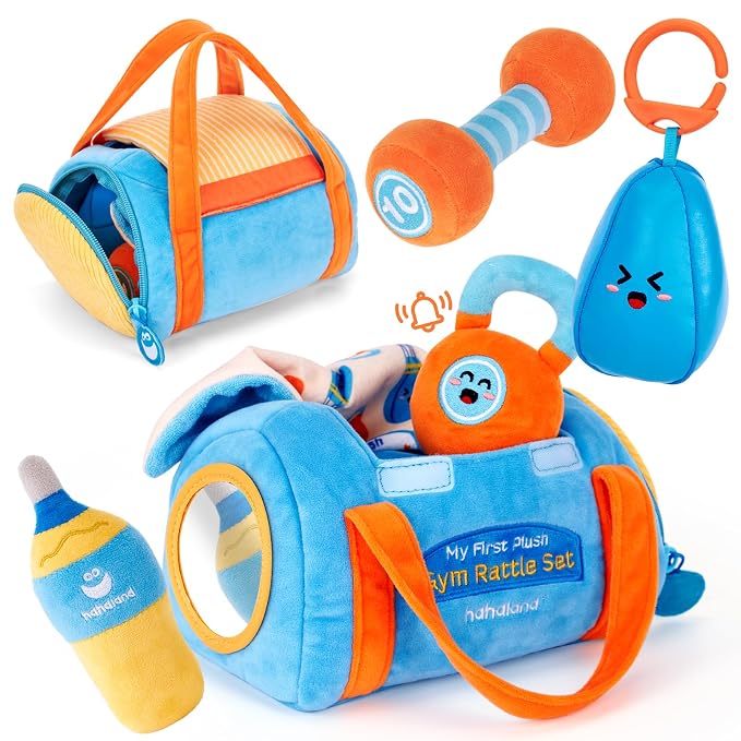 hahaland Baby Toys 6-12 Months - Baby Toys 3-6 Months Montessori Toy for 6 Month Old, Sensory Toy for Babies Workout Weights Dumbbell Toy Set with Soft Rattles Mirror, Easter Gifts for Baby