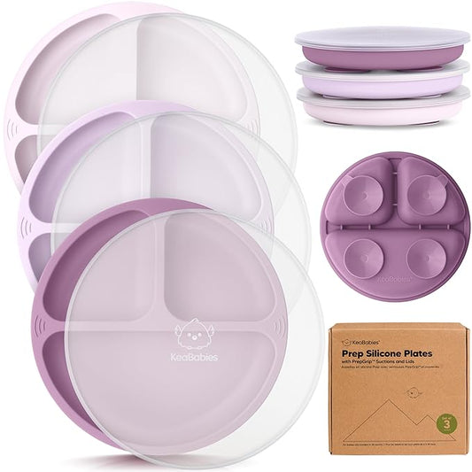 KeaBabies Suction Plates with Lids for Baby - 3-Pack 100% Silicone Toddler Plates with Suction, Divided, BPA-Free Baby Led Weaning Essentials for Kids, Dishwasher, Microwave Safe, Durable (Amethyst)