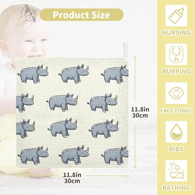 vvfelixl Baby Muslin Washcloths Cartoon Rhino Stick Figure Baby Burp Cloths Cotton Babys Face Towel for Newborn Infants Boys Girls Soft and Absorbent 11.8 X 11.8 in, 3 Pack