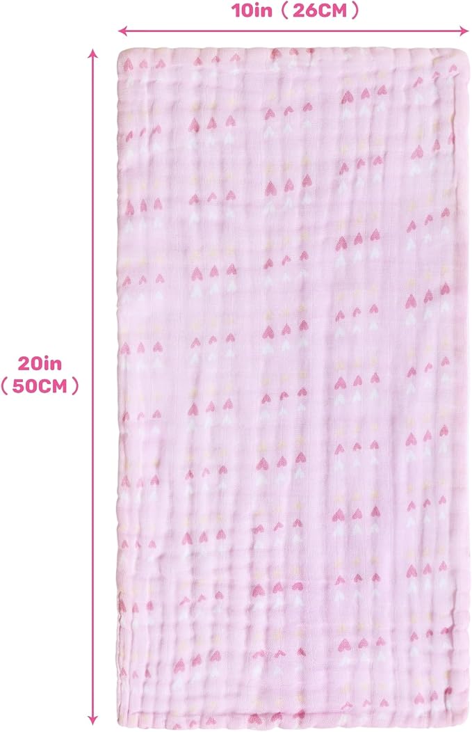 Viviland Baby Muslin Burp Cloths, Super Absorbent Washcloths for Baby Girl and Boy, 10 x 20 inches 6-Layer Baby Bath Towels, Pink Flowers & Hearts 4 Pack