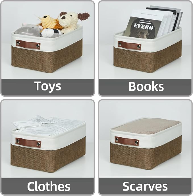 HNZIGE Small Fabric Storage Bins (6 Pack) - Foldable Decorative Baskets with Handles, Empty Gift Baskets for Storage (Brown & White, 11.8" x 7.8" x 5.1")