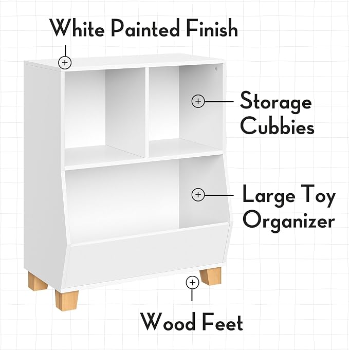 RiverRidge Kids Bookshelf Toy Storage Organizer with 2 Cubbies, 2 Folding Aqua Fabric Bins & Spacious Bin White Playroom Toy Organizer and Cubby Storage