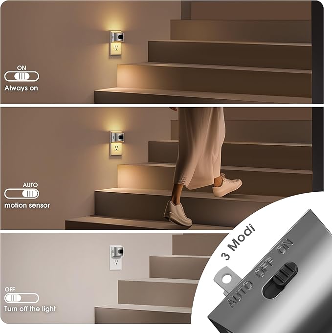 JandCase Motion Sensor Night Light, Night Lights Plug into Wall, Dusk to Dawn Sensor Nightlight with Motion Activated, 30/60/100lm Brightness Dimmable, 3000K Warm White, for Kids Bedroom Hallway