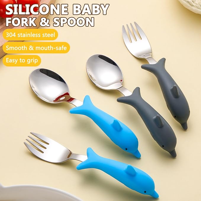Baby Toddler Fork and Spoon Utensil Set, Dolphin, 4 Pack | With Case, Silicone Handle, 304 Stainless Steel