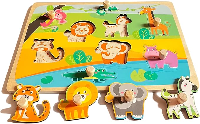 Wooden Puzzles for Toddler Peg Puzzle Toys, Wooden Jigsaw Puzzles Zoo Animal Patterns Puzzle with Handles Educational Montessori Puzzles