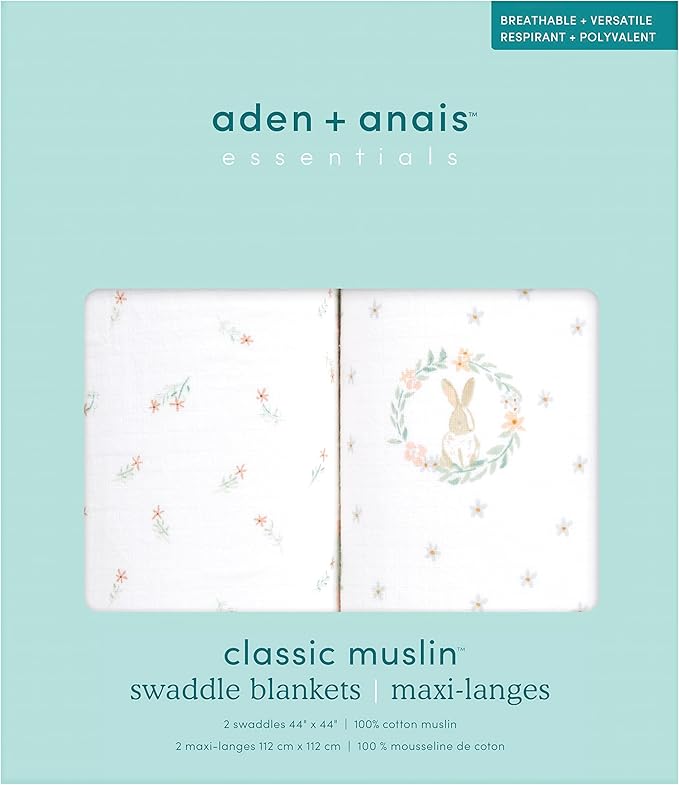 aden + anais Essentials Swaddle Blanket, Muslin Blankets for Girls & Boys, Baby Receiving Swaddles, Newborn Gifts, Infant Shower Items, 2 Pack, Blushing Bunnies