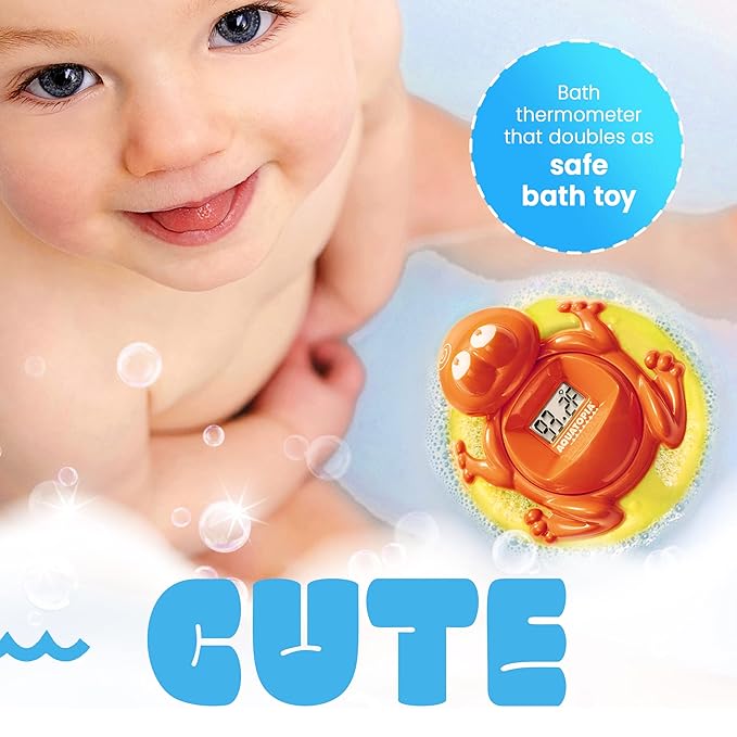 Aquatopia Baby Bath Thermometer Floating Toy with Digital Audible Alarm, Baby Water Thermometer for Bath Temp, Cute Baby Bath Essentials, Beeps When Too Hot or Too Cold, Fergus Frog, Orange