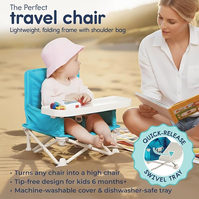 Hiccapop OmniBoost Travel Booster Seat with Tray for Baby | Folding Portable Seat for Dining Table, Camping, Beach, Grandma?™s | Tip-Free Design Straps to Kitchen Chairs
