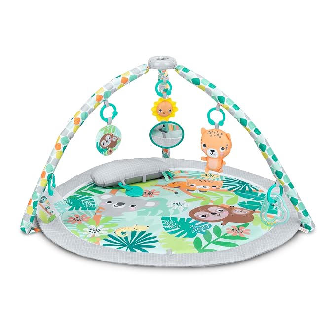 Bright Starts Wild Rainforest Foldaway Activity Gym with Carry Bag for Storage & Travel, Blue Green Jungle Play Gym, Newborns & Up