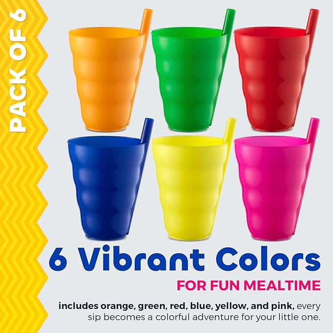 JoyServe Kids Cups - (Set of 6) - 10oz Toddler Cups with Straws for Kids - Stackable BPA-Free Plastic Sip-A-Cup Drink Tumblers for Water, Juice, Milk - Dishwasher Safe, Everyday Use, Neon Colors