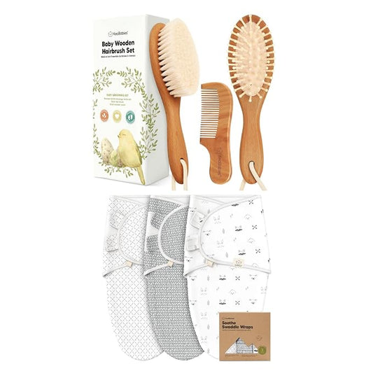 Keababies Baby Hair Brush and Comb Set and 3-Pack Baby Swaddle Sleep Sacks - Wooden Brush with Soft Goat Bristle - Newborn Swaddle Sack, Cradle Cap Brush