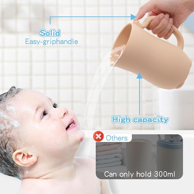 Mandoo Baby Bath Rinse Cup - Food Grade Silicone Shampoo & Body Washing Rinser for Kids with Easy Grip Handle - Baby Essentials (Khaki)