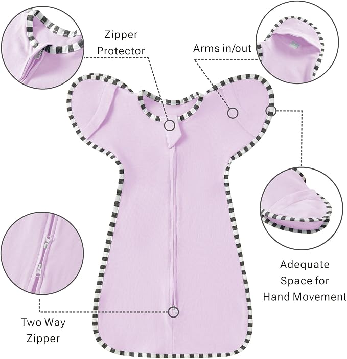 Soft Cotton Swaddle Blanket, Arms Up Baby Sleep Sack, Wearable Sleep Bag for Boys Girls (Purple + Light Khaki, L(6-9 Months))