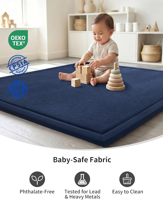 Goyuu Ultra Soft 1.3" Thick Baby Play Mat for Floor, 59x71 Playpen Mat Elasti-Foam Padded Crawling Mat for Babies, Toddlers, Infant, Kids, Non-Slip Backing Safe for Tummy Time, Dark Blue