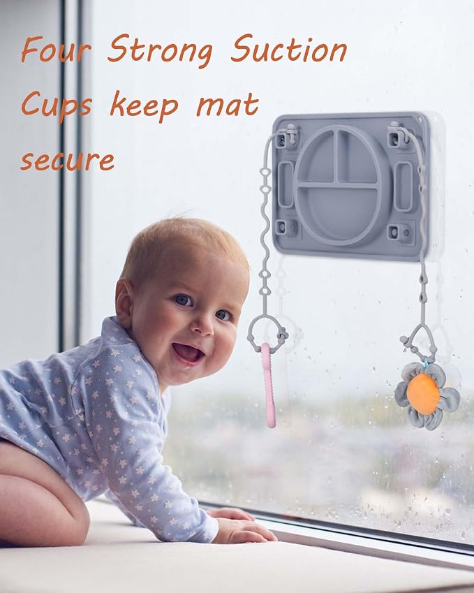 Strong Suction Baby Placemat, STARTURFLYU Silicone Toddler Plate with 4 Toy Straps & Anti-Peel Design, Dishwasher Safe Travel-Friendly Sensory Mat for High Chair, Airplane, Baby Led Weaning (Khaki)