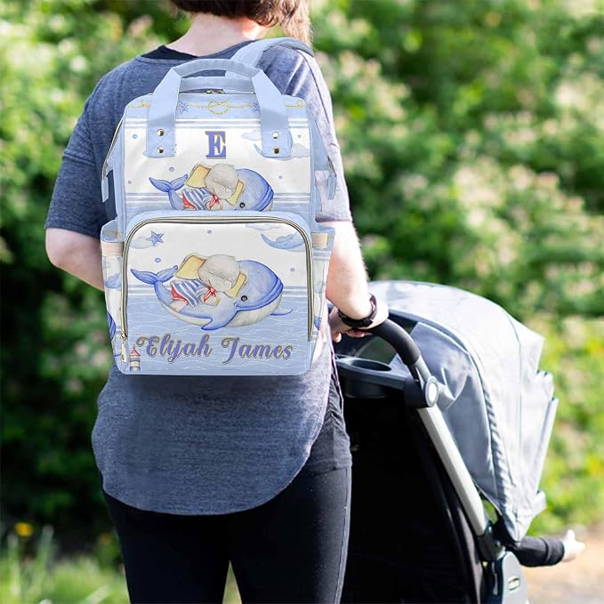 M YESCUSTOM Personalized Name Diaper Bag Backpack for Mom and Dad, Custom Baby Bags for Newborn American Daycare Bag, Blue Baby Nursery Bag for Mom Gift