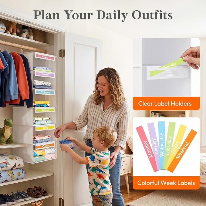 Lifewit 6 Shelf Weekly Clothes 0rganizer for Kids 2 Pack, Baby Hanging Closet Storage with Color Labels for School Outfits, Todder Clothing Divider with Days of The Week Monday to Frida Weekend White